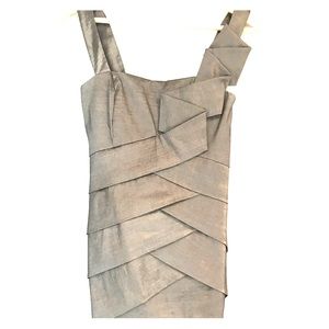 Cache ribbon dress. Pewter satin. Size 6.